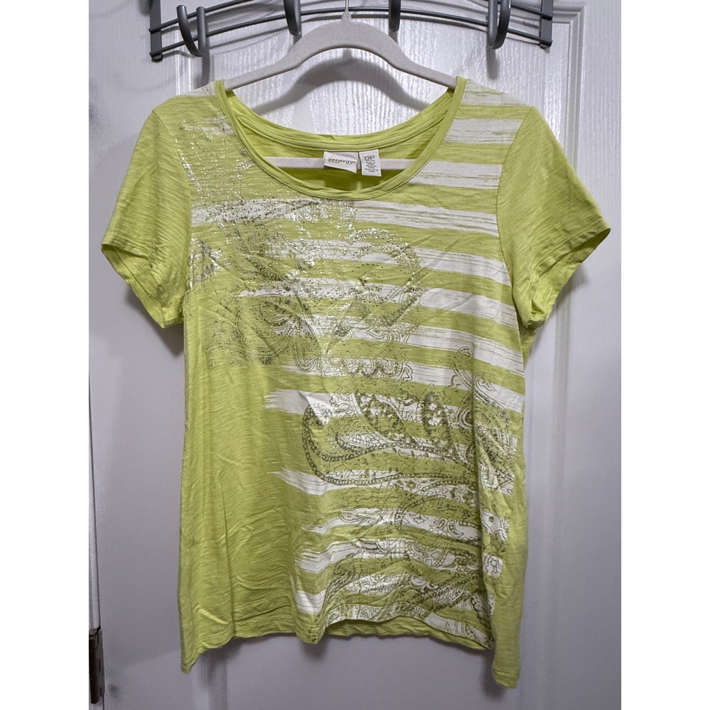 Zenergy by Chico's Womens‎ 0P Lime Green Striped Paisley Metallic Graphic Tee S